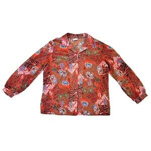 Vintage 70s Floral Psychedelic Blouse Top Orange Blue Women Size 44 See Through